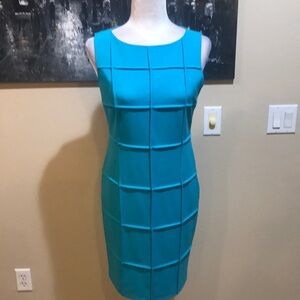 Calvin Klein Sleeveless Teal Raised Checker Box Sheath Midi Dress-No Size Tag